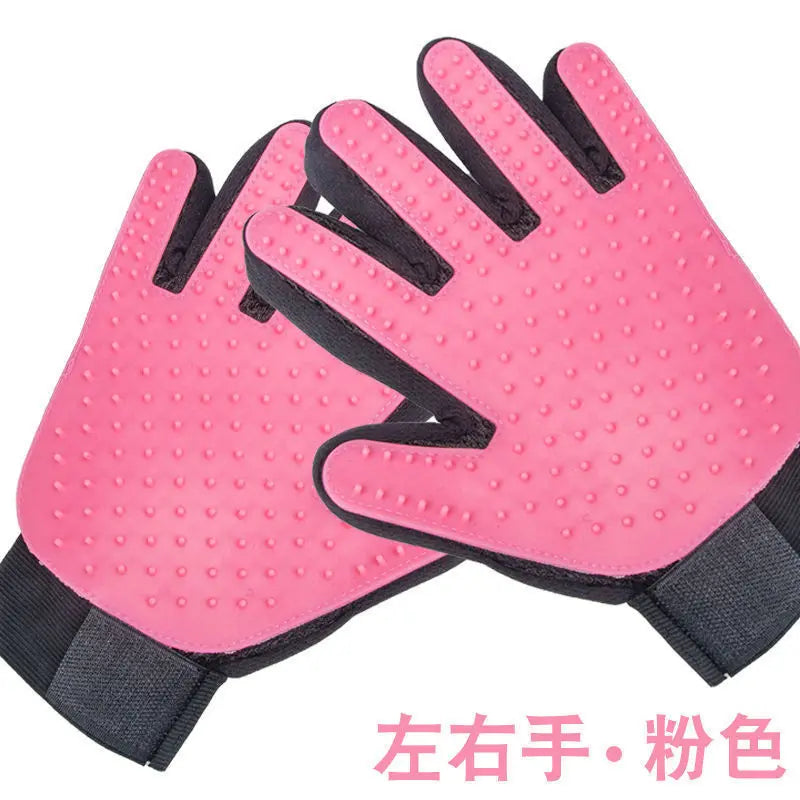 Pet grooming glove massaging dog during bath