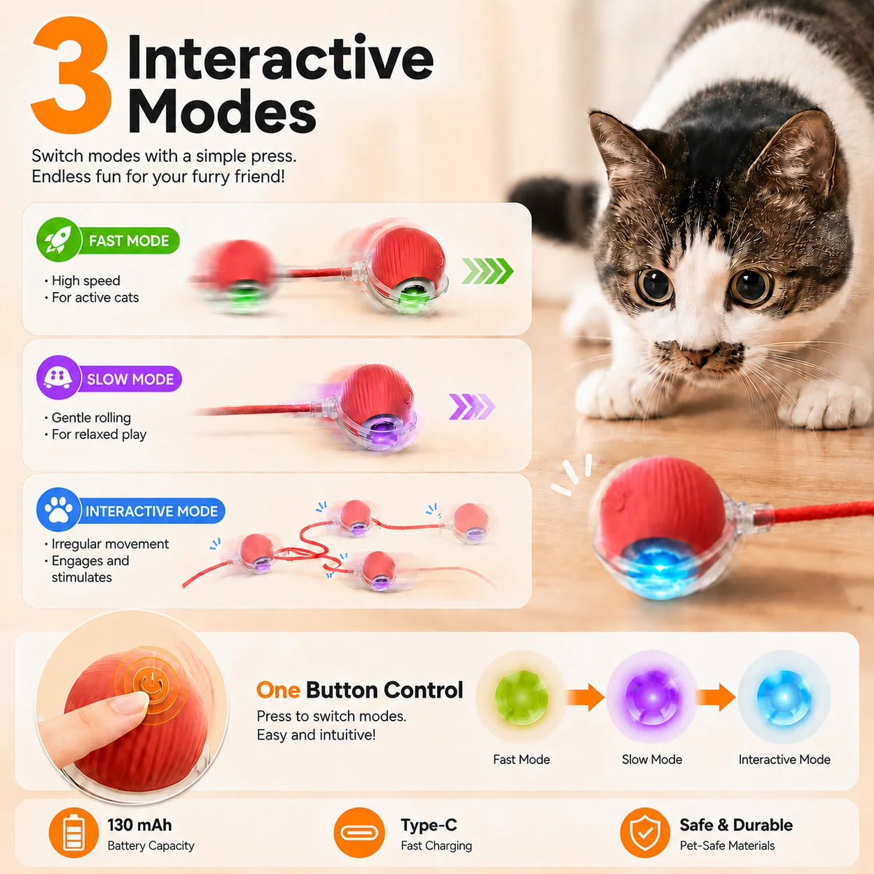 Cat ball toy with faux tail attachment