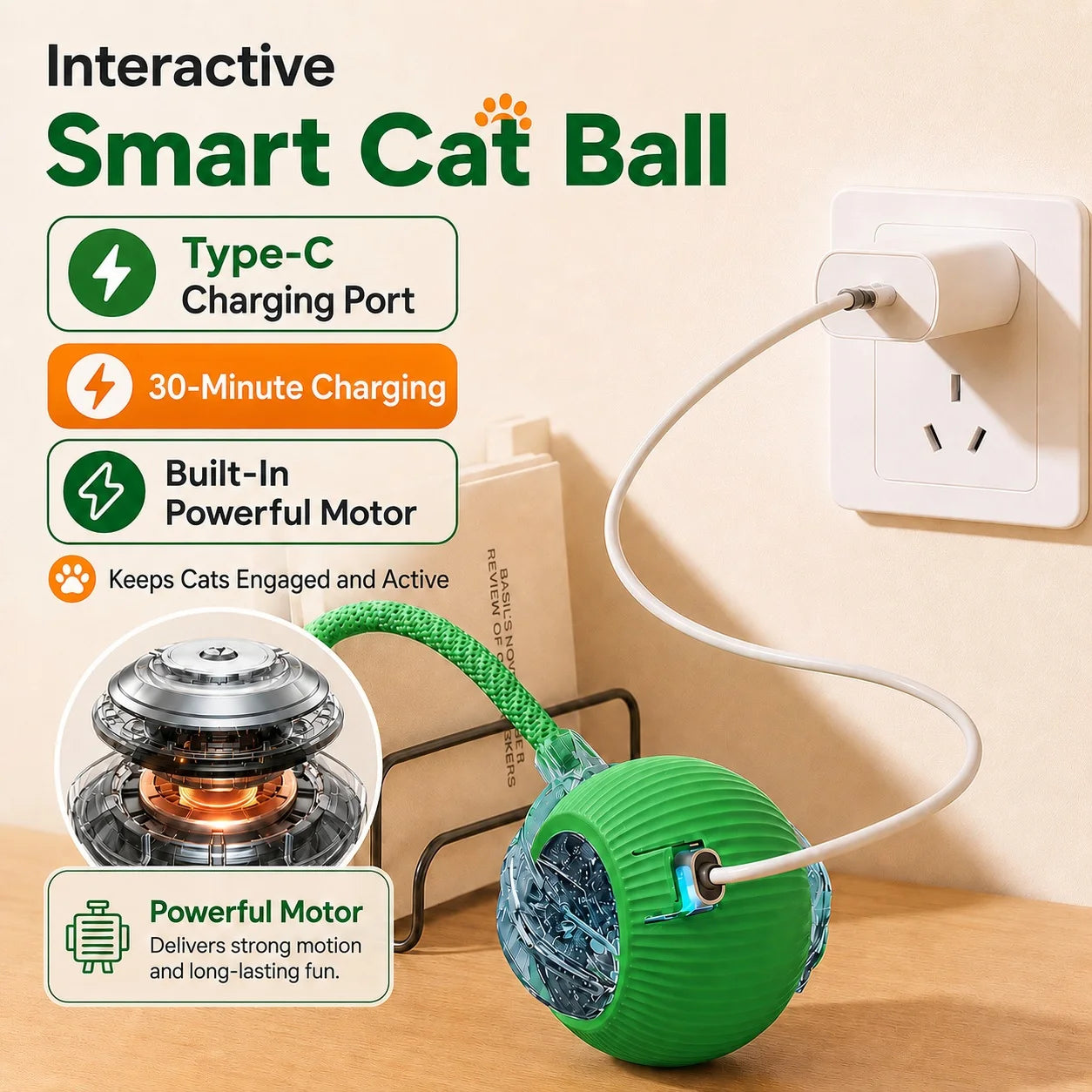 Rechargeable cat ball toy charging port detail