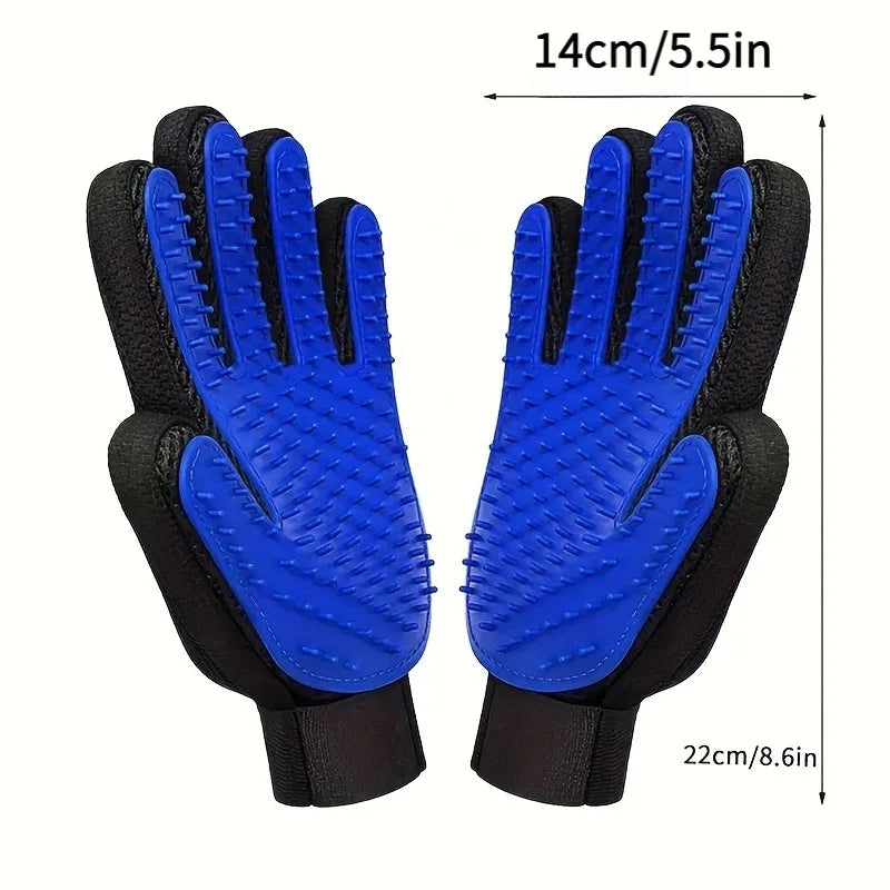 Pet grooming glove being worn on hand